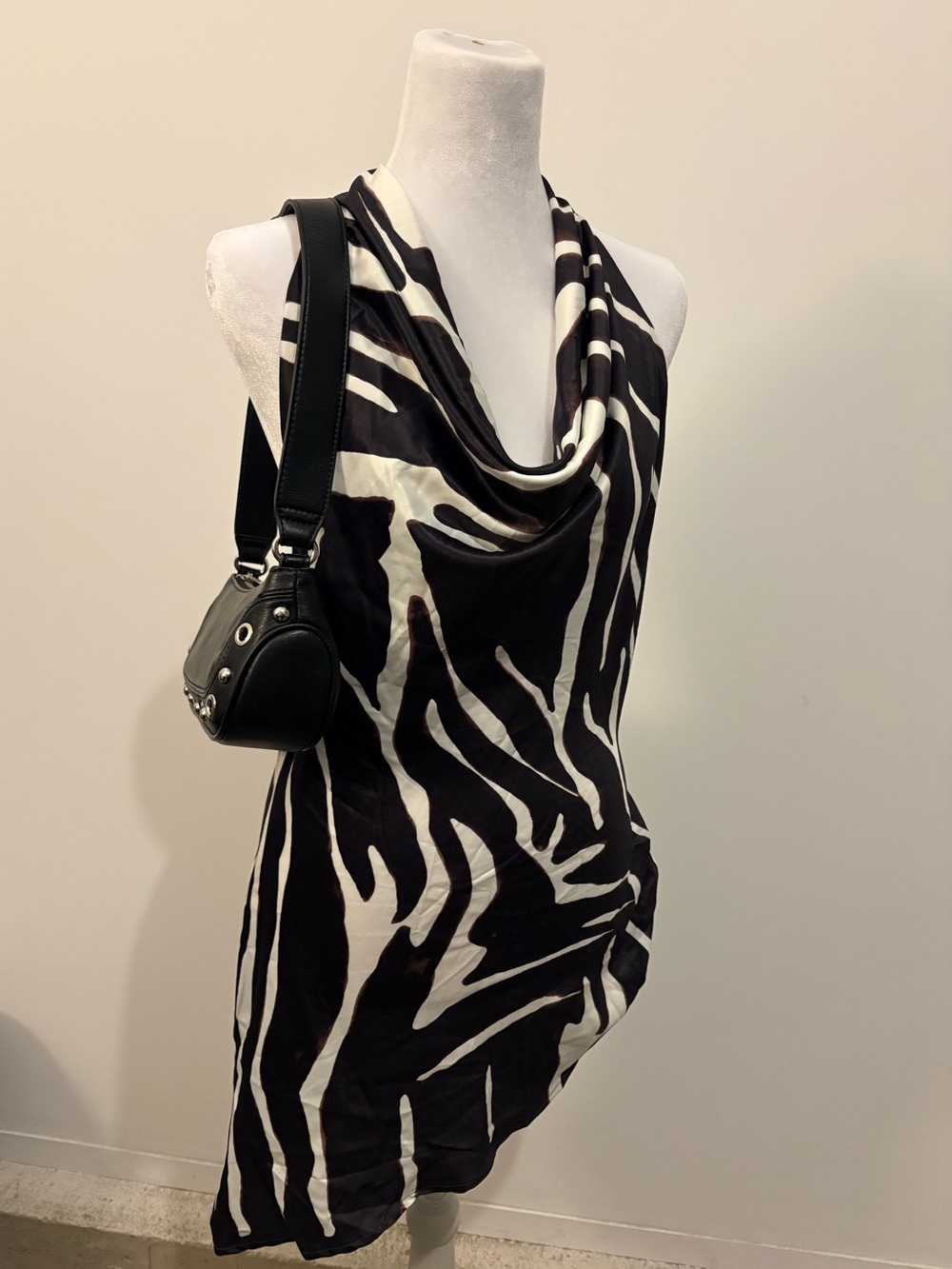 Animal Print Satin Halter Cowl Neck Asymmetrical Ultra Mini Dress